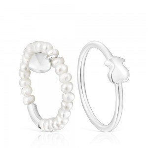 Anillos TOUS cultured pearls Mini Icons heart bear set Mujer Plateados | 3145UQSVR