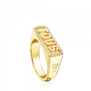 Anillos TOUS vermeil Signet diamonds Logo Mujer Plateados | 5823OJKWL