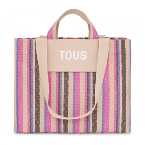 Bolsa de Mano TOUS Large Stripes Shopping bag Mujer Beige Rosas | 7430OMPSG