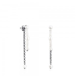 Pendientes TOUS Dark Virtual Garden Double with cultured pearls Mujer Plateados Oscuro | 3978TOFLW