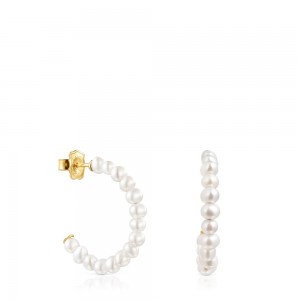 Pendientes TOUS Small Gloss hoop with Pearls Mujer Dorados | 8216BVGNC