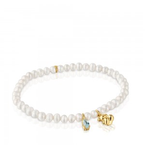 Pulseras TOUS Elastic with plating over cultured pearl topaz Bold Bear Mujer Dorados Plateados | 3569MEWKO