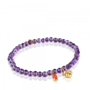 Pulseras TOUS Elastic with plating over amethyst carnelian Bold Bear Mujer Dorados Plateados | 7264XJFIV