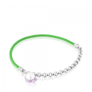 Pulseras TOUS Instint elastic with steel cultured pearl Mujer Verdes Grises | 5138WUDXA