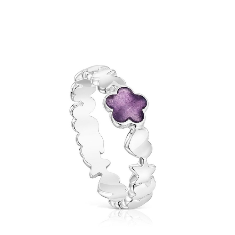 Anillos TOUS Bold Motif an amethyst flower Mujer Plateados Flores | 1352UQPAY