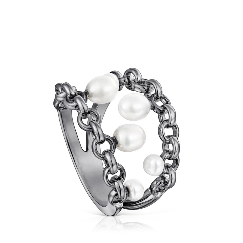 Anillos TOUS Dark Virtual Garden cultured pearls Mujer Plateados Oscuro | 5169VJNHG