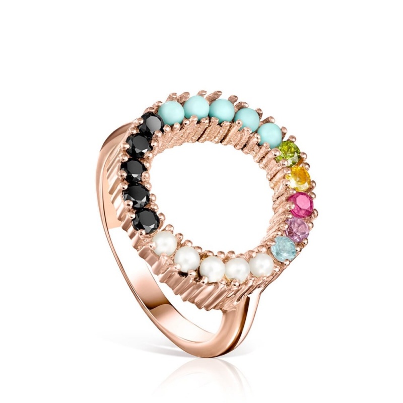 Anillos TOUS Disc in Vermeil with muticolor Gemstones Directo Mujer Rosas Plateados | 6709SJNZE