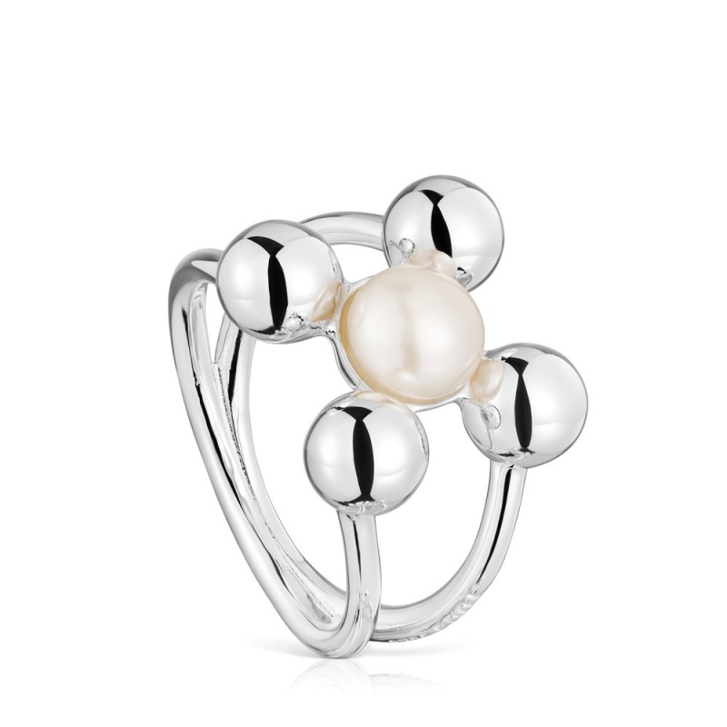 Anillos TOUS Large cultured pearl motifs Sugar Party Mujer Plateados | 0793IPCBN