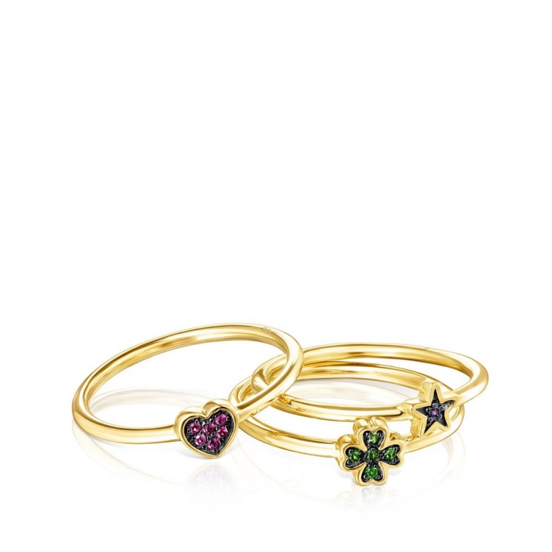 Anillos TOUS Set of Vermeil Teddy Bear Stars with Gemstones Mujer Plateados | 3845NWHOY