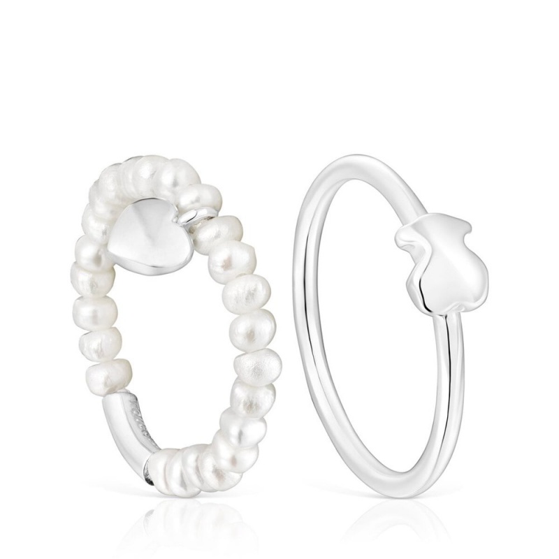 Anillos TOUS cultured pearls Mini Icons heart bear set Mujer Plateados | 3145UQSVR