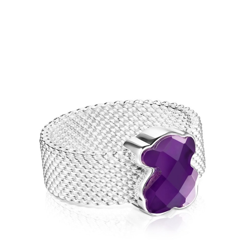 Anillos TOUS faceted Amethyst Bear motif Mesh Color Mujer Plateados | 5936PBORJ