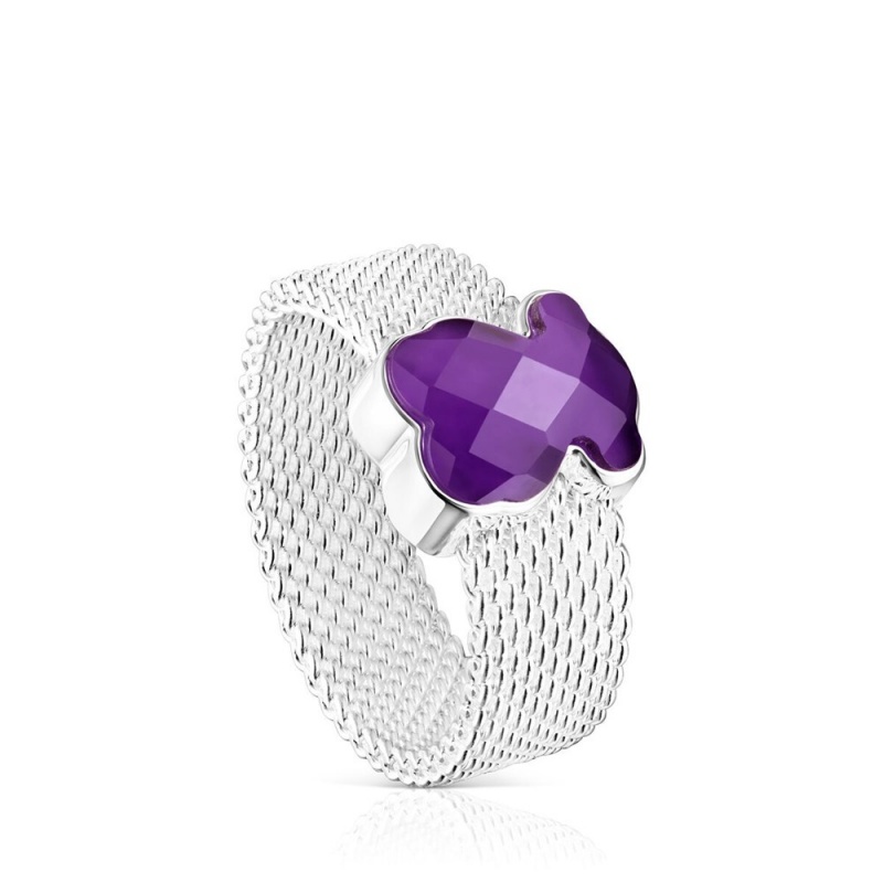 Anillos TOUS faceted Amethyst Bear motif Mesh Color Mujer Plateados | 5936PBORJ