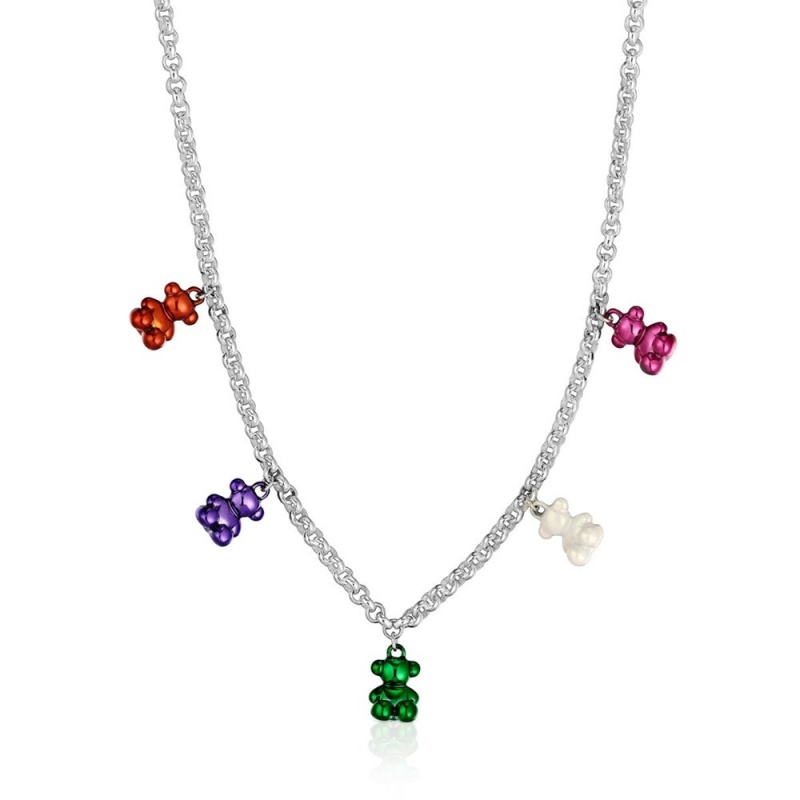 Collares TOUS Bold Bear necklace with 5 colored steel bears Mujer Plateados Grises | 7608IBSMF