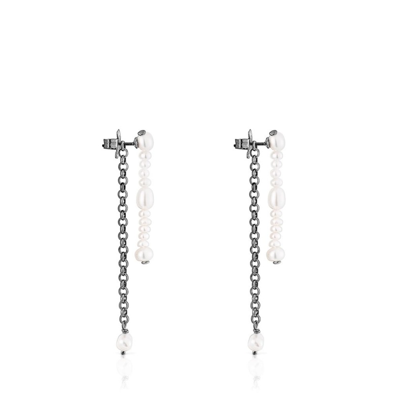 Pendientes TOUS Dark Virtual Garden Double with cultured pearls Mujer Plateados Oscuro | 3978TOFLW