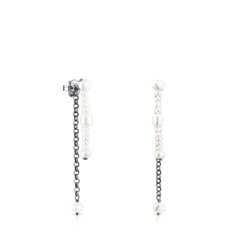 Pendientes TOUS Dark Virtual Garden Double with cultured pearls Mujer Plateados Oscuro | 3978TOFLW