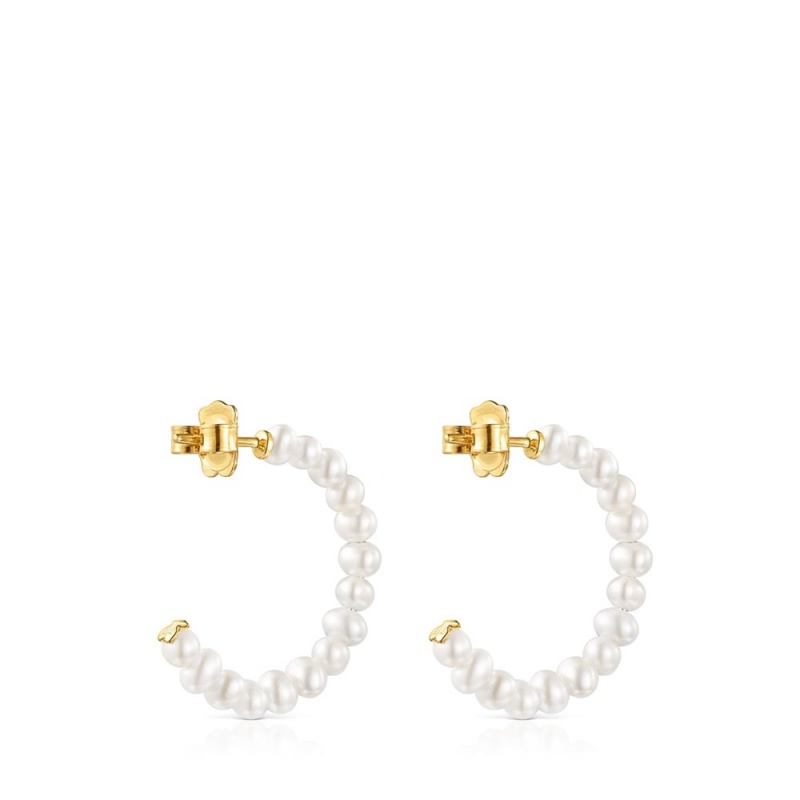 Pendientes TOUS Small Gloss hoop with Pearls Mujer Dorados | 8216BVGNC