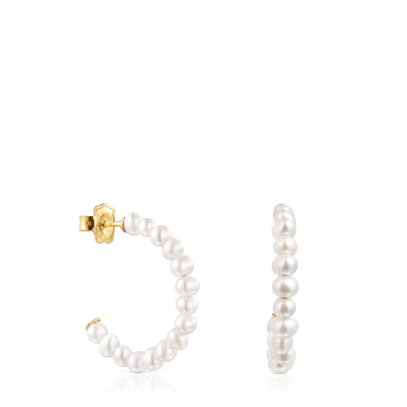 Pendientes TOUS Small Gloss hoop with Pearls Mujer Dorados | 8216BVGNC