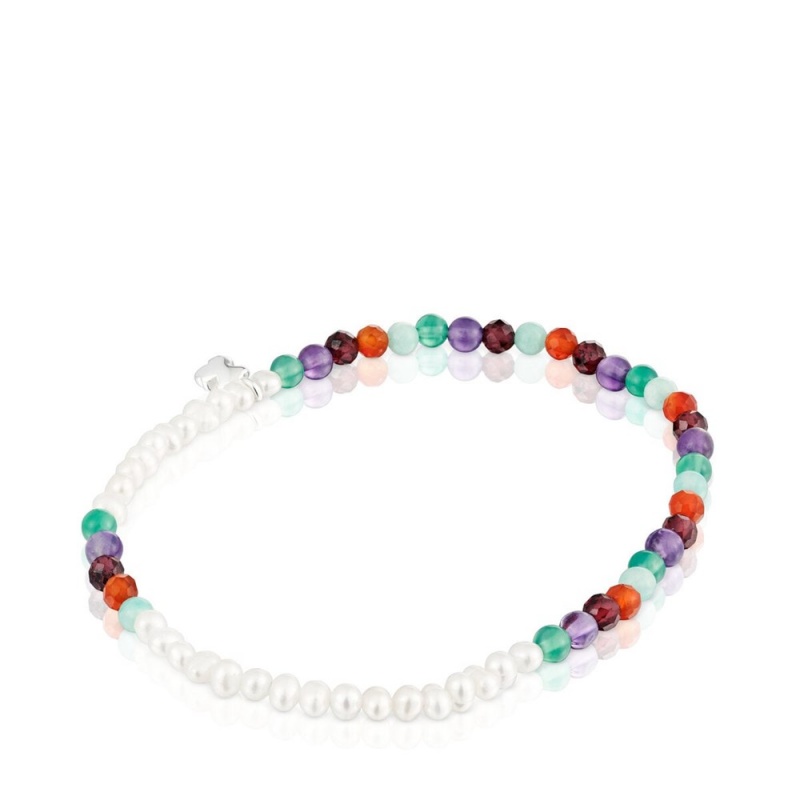 Pulseras TOUS Elastic Bold Motif with gemstones, cultured pearls a bear motif Mujer Plateados | 5901IBEOD