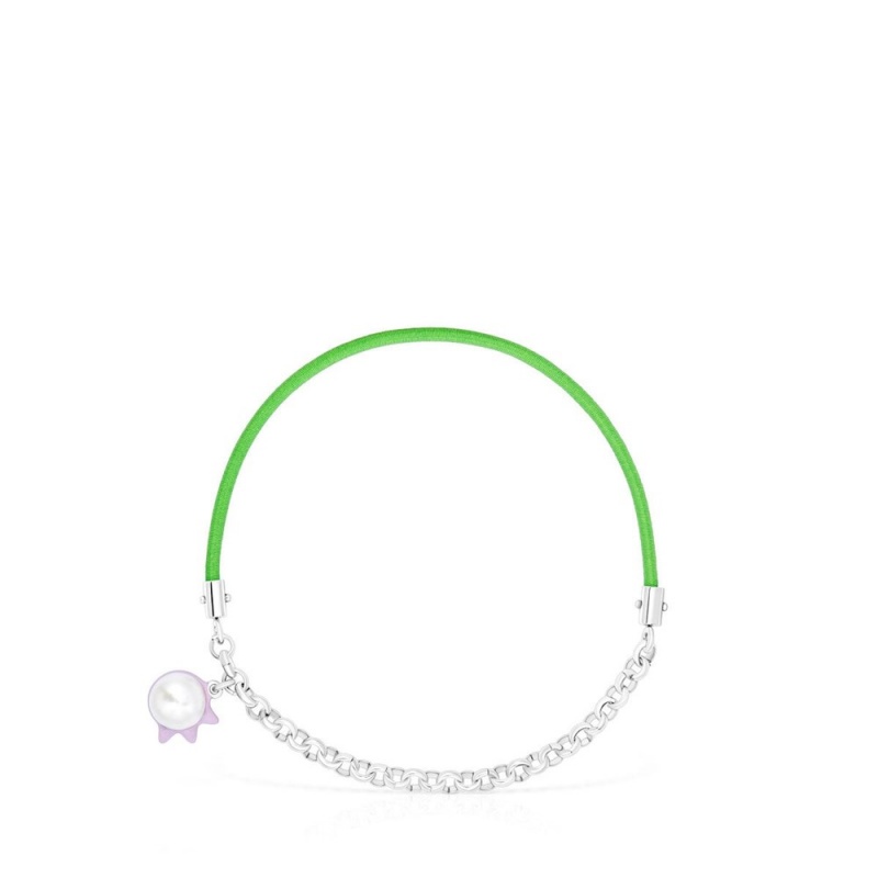 Pulseras TOUS Instint elastic with steel cultured pearl Mujer Verdes Grises | 5138WUDXA