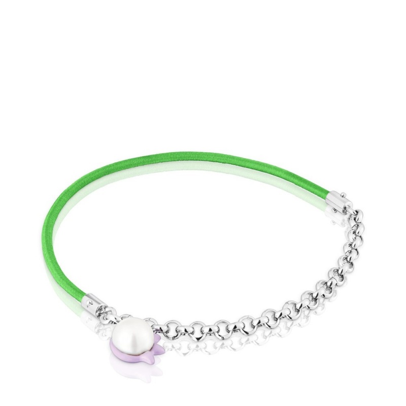 Pulseras TOUS Instint elastic with steel cultured pearl Mujer Verdes Grises | 5138WUDXA