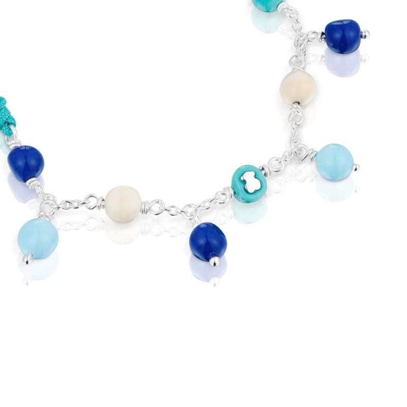 Pulseras TOUS Murano glass nylon Icon Glass Mujer Plateados Azules | 6712CWUZJ